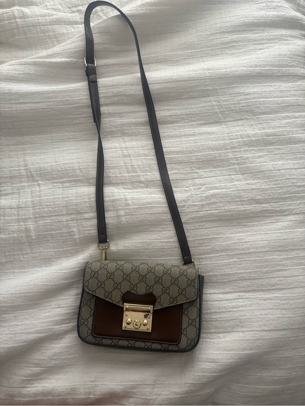 Gucci GG Supreme Crossbody Bag in Beige and Brown with Gold Hardware